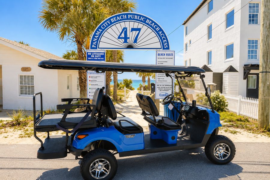 The included golf cart at the Panama City Beach public beach access