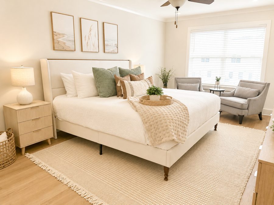 Serene king bedroom with coastal styling