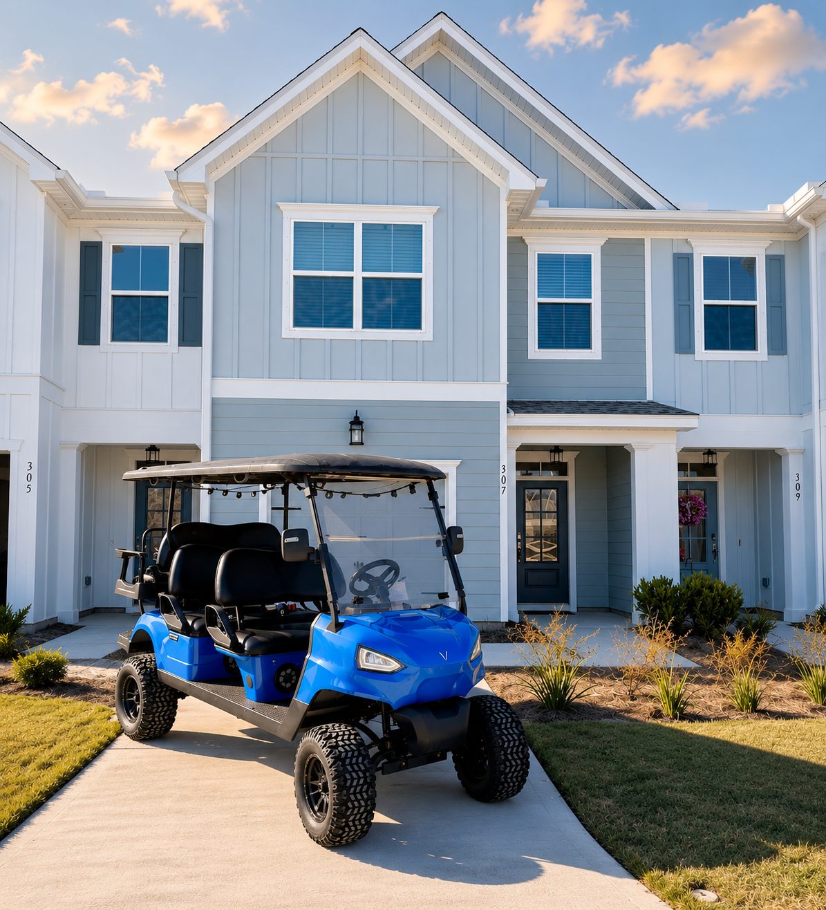 Palm + Pearl townhome at 307 with the included golf cart out front