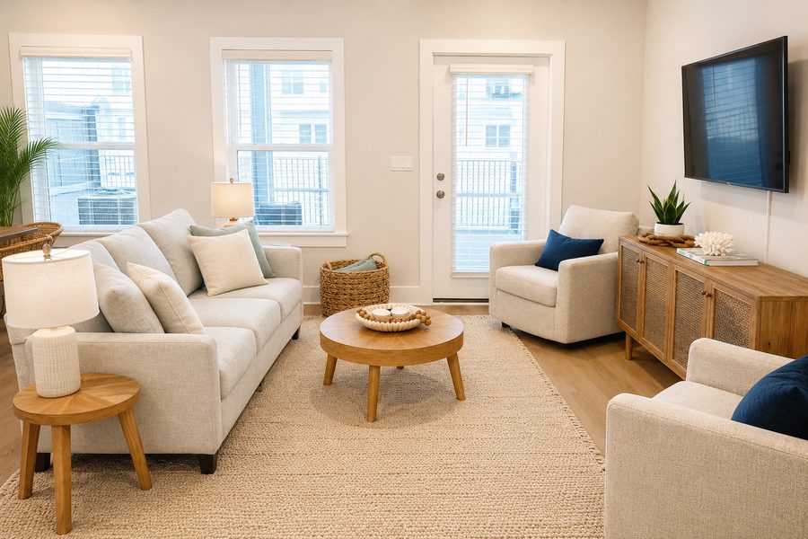 Bright coastal living room with neutral furnishings